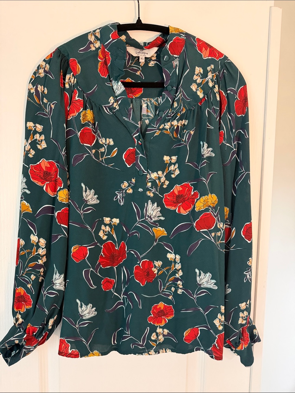 LaRoque Teal Floral V-Neck Long-Sleeve Blouse